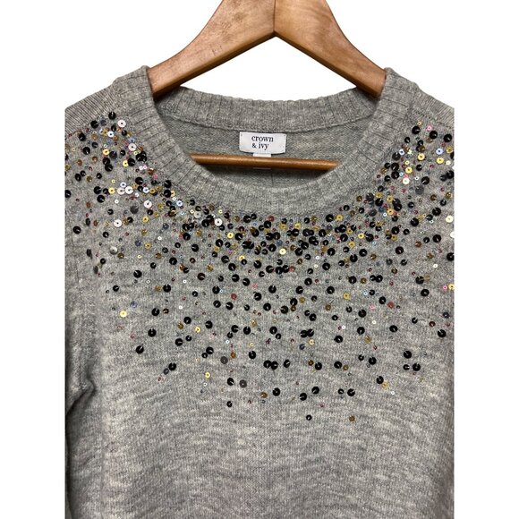 Crown & Ivy Women's Sweater Heather Grey Sequin Long Sleeve Petite Medium PM NEW - Picture 3 of 8